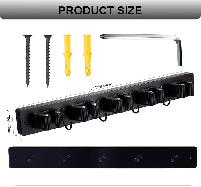 FunCee Broom Holder Wall Mount With 5 Slots & 4 Hooks，Rustic Wood Broom & Mop Hanger，Wall Mounted Garden & Garage Tool Storage Organizer Rack for Closet Laundry Room or Kitchen Wall Decor Black