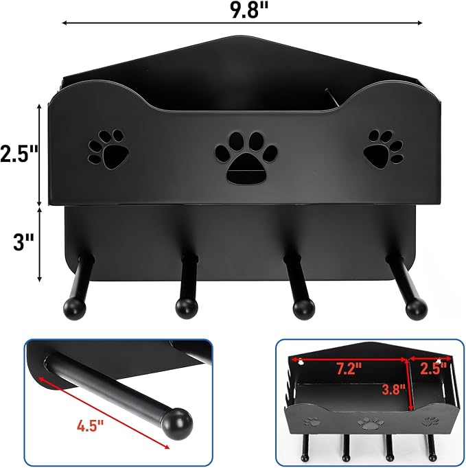 Dog Leash Holder for Wall, Dog Accessories Organizer with 4 Hook, Black Dog Leash Hanger with Shelf Storage, Metal Wall Mounted Key Holder for Pet Collar, Training Treats, Poop Bag, Home Decor