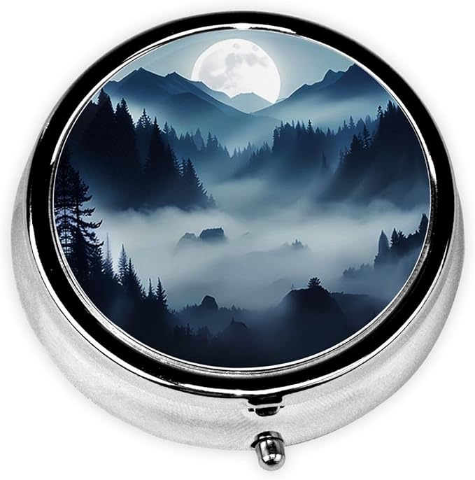 Pill Box, Small Pill Organizer with 3 Compartments and Mirror, Cute Round Portable Travel Metal Pill Case for Pocket or Purse, Privacy-Protecting Medicine Box-Moutain Moon Blue Black