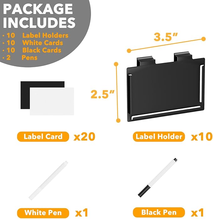 SpaceAid 10 Pack Pantry Basket Labels Clip on for Storage Bins, with 20 Label Cards, Kitchen Bin Label Tags, Removable Home Metal Bin Organization, Black and White Chalk Included (Black)