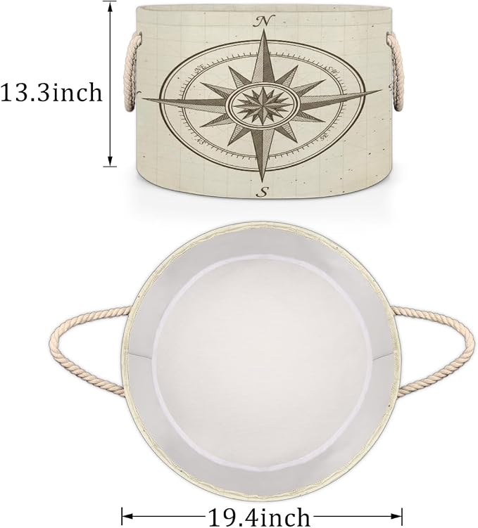 Large Storage Baskets - Vintage Nautical Compass Nursery Organizer Bin Box with Handles Collapsible Round Laundry Hamper for Kids Toys Pet Blanket, Bedroom Living Room Home Decor Gift Basket