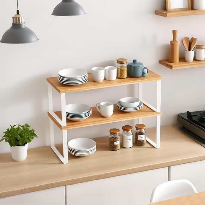 DOUKE Cabinet Organizer Shelf, Set of 2 Kitchen Counter Shelves, Kitchen Storage, Spice Rack, Stackable, Expandable, Metal and Engineered Wood, 15.6", White | Expandable and Stackable