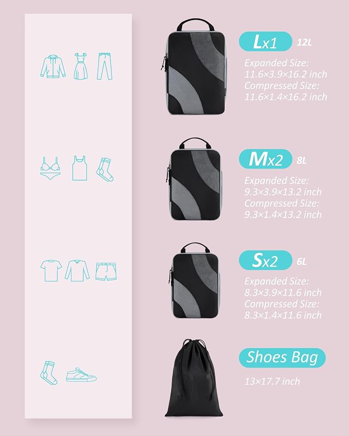 BAGSMART Compression Packing Cubes for Travel | Lightweight suitcase organizers bag set, space-saving double zipper expansion for carry-on luggage & travel organization