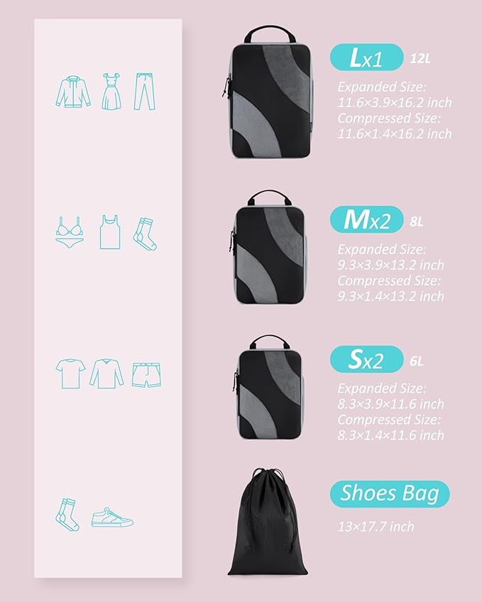 BAGSMART Compression Packing Cubes for Travel | Lightweight suitcase organizers bag set, space-saving double zipper expansion for carry-on luggage & travel organization