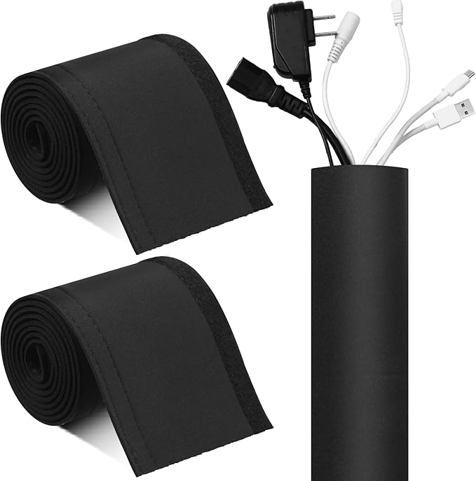 Poen 4 Rolls 60 Inch Cable Management Sleeve Trolling Motor Cable Sleeve Neoprene Cord Organizer Reversible Flexible Wrap Cover DIY Adjustable Hole Wire Protect for Office Computer Home, Black