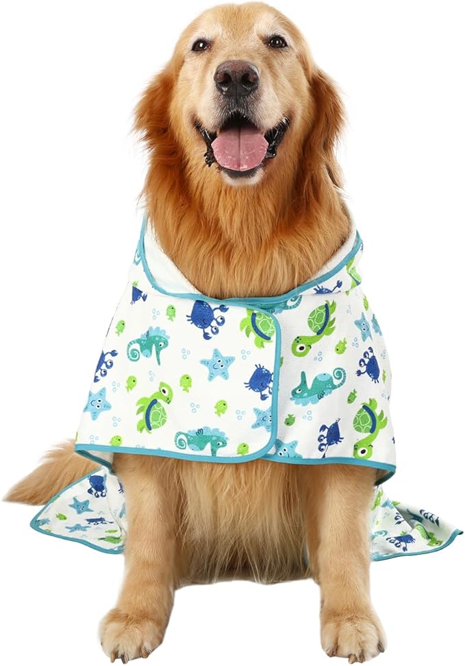 HDE Dog Bathrobe Super Absorbent Quick Drying Puppy Towel Wrap Coat Adjustable After Bath Robes with Hood for Dog Sizes S-XXL Sea Animals L