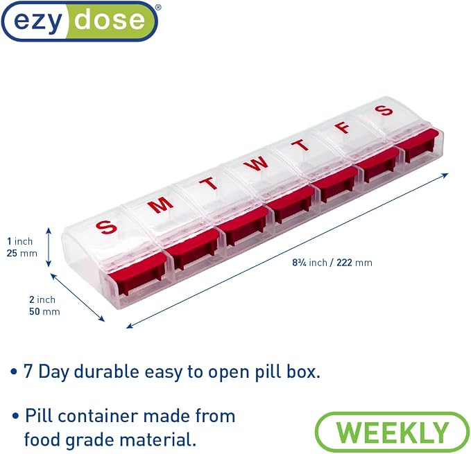Ezy Dose Weekly (7-Day) Pill Organizer, X-Large Medicine Case, Clear/Red | Daily Vitamin & Supplement Planner, Spacious Push-Button Compartments, Convenient & Easy to Use, Travel-Friendly, BPA-Free
