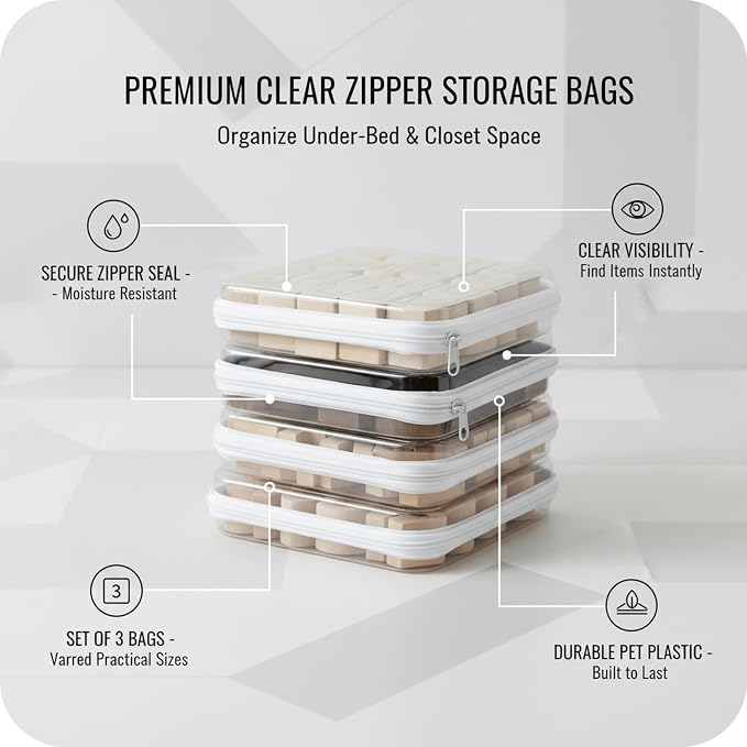 3-Pack Clear PET Zipper Storage Bags, White Organizer Pouches for Closet, Under-Bed & Drawer Organization (Small, Medium, Large)