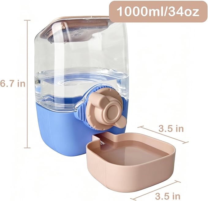 Rabbit Water Bottle, 34oz Pet Hanging Water Dispenser, Cat Water Feeder for Small Animal Ferret Guinea Pig Chinchilla Small Dog Cage Grid Spacing 1.2''-2.1'' (Blue&Pink)