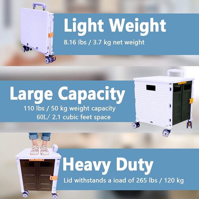FELICON SELORSS Foldable Utility Cart Folding Portable Rolling Crate-Purple | Durable,Heavy Duty,Plastic Box,Telescoping Handle,4 Rotate Wheels,Collapsible Handcart for Travel Shop Move Luggage Office