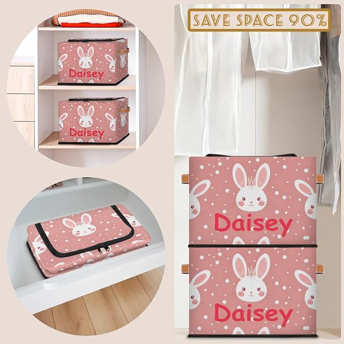 Custom Cute Rabbits Storage-Bin With Zipper Lid for Kids-Girls-Boys-Baby-Pet,Personalized Name Foldable Storage Box with Handle,Baby Basket With Label for Bedroom Nursery Toy Clothes,Pink