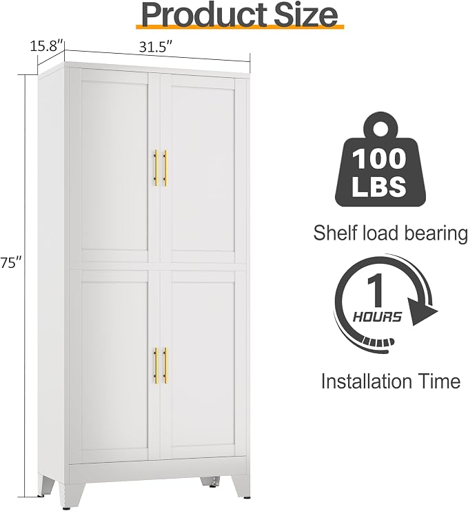 75" Tall Kitchen Pantry Cabinet, White Metal Pantry Storage | Storage Cabinet with Doors and 3 Adjustable Shelves, Steel Storage, Bathroom cabinets Organizer, Cupboard for Home, Office