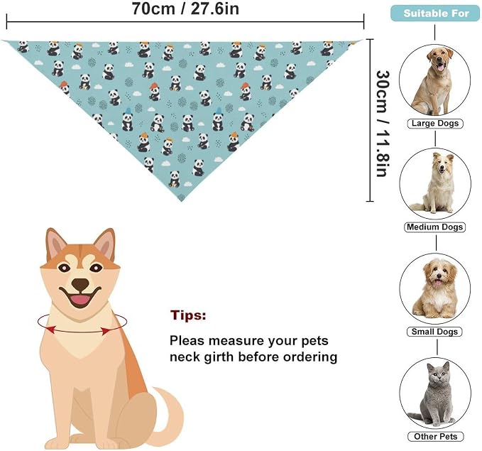 Washable and Comfortable Triangle Handkerchief Panda Blue for Small, Medium, Large Dogs or Cats, Portable Lightweight Pet Scarf