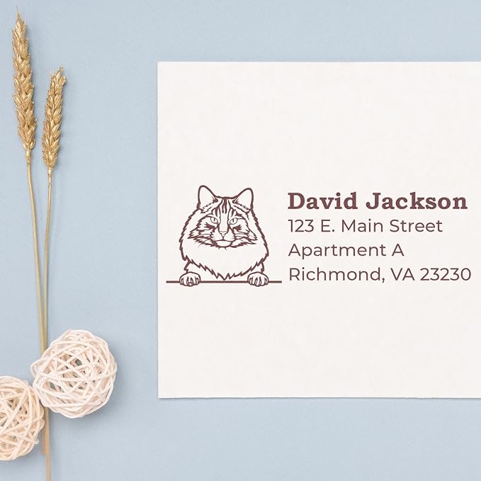 Peeking Norwegian Forest Cat Self-Inking Address Stamp - Custom Stamper | Made to Order Address Stamp for Thank You Notes. One household per die. Norwegian Forest Cat Return Address Rubber Stamp.
