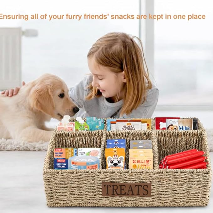 Bratod Dog Storage Organizer Wicker Basket,Dog Treat Container Bin for Countertop,Pet Treats Box with Dividers,Dog Cat Can Food Storage Bin,Pet Treat Station-Natural Woven Seagrass