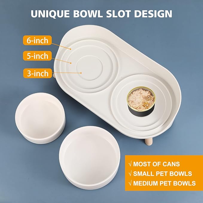 Raised Cat Food and Water Bowl Set - Elevated Ceramic Dishes with Non-Slip Stand and Splash Guard for Small Dogs - 2 x 320 ML (4.9 OZ) - White