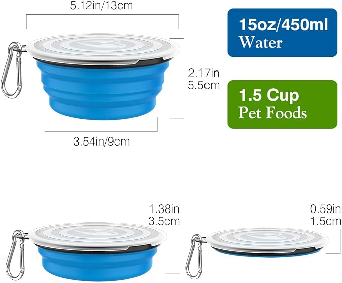 Pawaboo Silicone Collapsible Dog Bowls 2 Pack, Blue + Green, 5.1 x 3.5 x 2.1 in, 13 x 9 x 5.5 cm, Lid Included, Portable, Easy Cleanup, Suitable for Small to Medium Dogs | Feeding Watering Bowls for Dogs Cats, Collapsable Water Feeder Food Bowl for Wal...