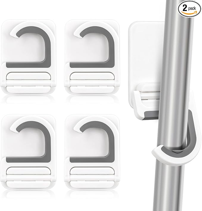 4 Pcs White Broom and Mop Holder Wall Mount Self-Adhesive Anti-Slip Gripper Cleaning Organizer Mop Handle Hanger Multi-Purpose Hook for Household, Home, Kitchen,Bathroom, Garden, Garage Storage