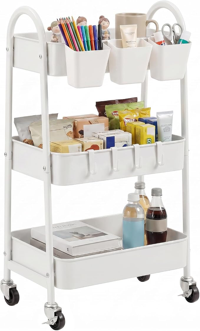 danpinera 3-Tier Rolling Cart, Utility Cart Mobile Metal Rolling Storage Cart with Lockable Wheels & Hanging Cups & Hooks for Kitchen, Bathroom, Office, Workshop, White