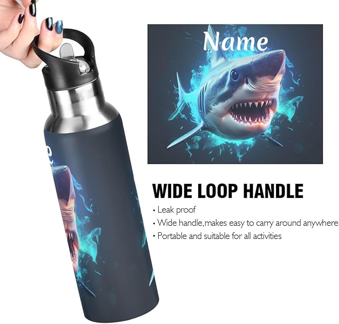 Custom Name Blue Shark Water Bottle with Straw Lid Kids Insulated Stainless Steel Water Flask Sports, 20 Oz Hot Cold