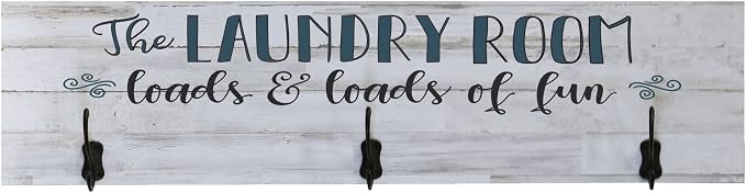 LifeSong MilestonesThe Laundry Room Wall Mounted Rack with 3 Hooks for Jackets, Hats, Scarves, Clothes,Towels with Inspirational Quote for Home,Cabin or Lake House (Distressed White Plank)
