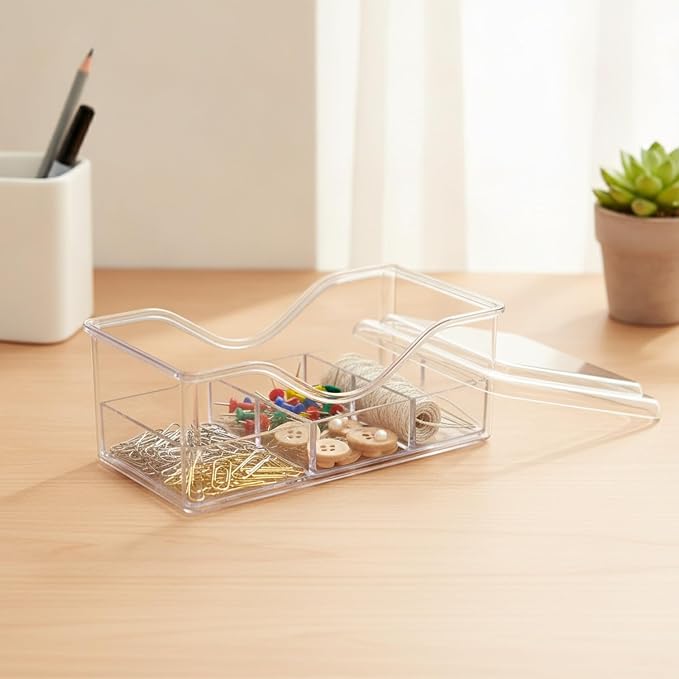 Divided Storage Box with Lid, PET Plastic Organizer for Desktop Drawers, Clear Compartments for Office Supplies Craft Jewelry (1 PC)
