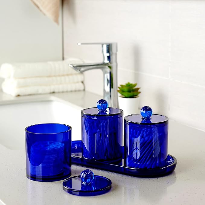 SheeChung 6 Pack Qtip Holder, Blue Acrylic Apothecary Jars for Bathroom | (3) 12oz & (3) 10oz Qtip Holder Set- Shatterproof Bathroom Vanity Organizer for Cotton Swabs, Balls, Pads - Coastal Decor
