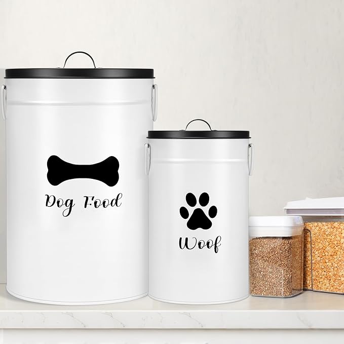 DoubleFill Extra Large 30+14 lb Metal Dog Food Storage Containers, White | Airtight Dog Treat Snack Jars with Lids and Spoon, Farmhouse Style Big Pet Cookie Storage Bin for Kitchen Counter, Set of 2