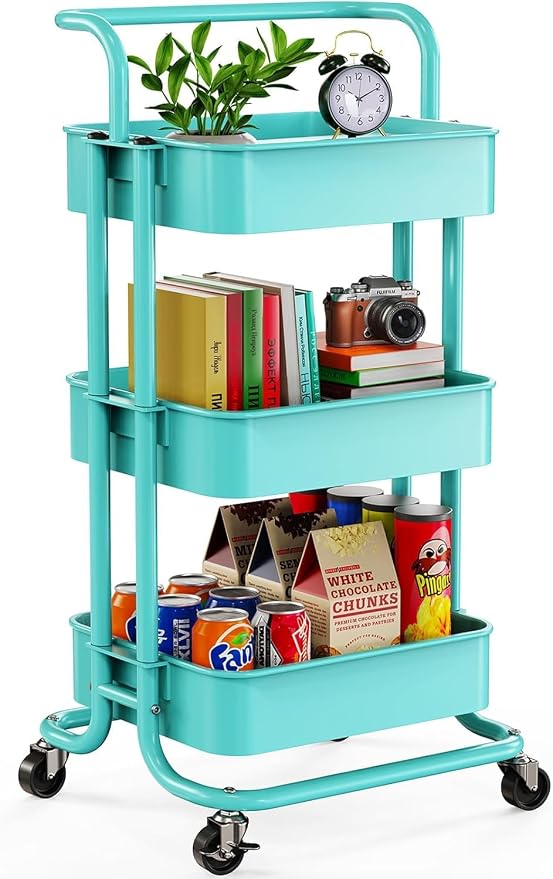 Pipishell Metal 3 Tier Rolling Cart with Handle & Wheels, Turquoise | Four Large 2" Wheels for Easier Movement, Sturdy Metal, Hold 22 lbs per Shelf, Ventilated Mesh Design, for Office and Kitchen