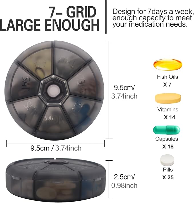 Portable Weekly Pill Organizer (Pack of 2) 7 Day Container,Round Case Travel Friendly,Daily Week Pill Reminder,Vitamin,Supplement,Fish Oil,Medication Planner (Black)