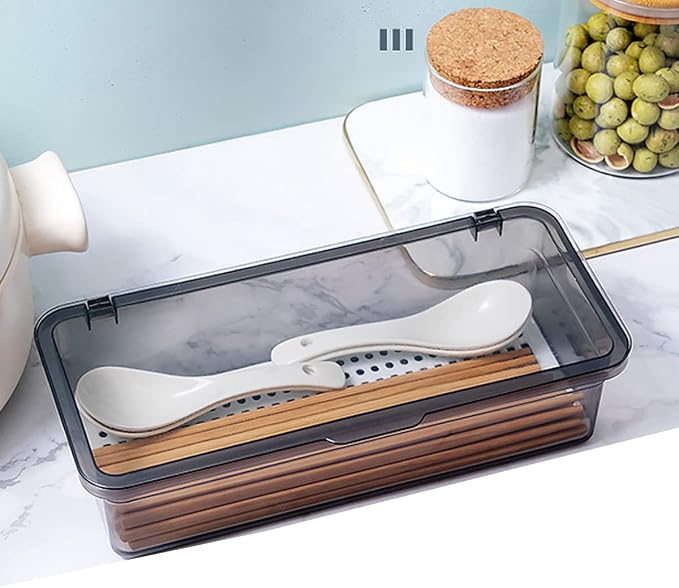 Flatware Tray Kitchen Drawer Organizer With Lid And Drainer - Plastic Kitchen Cutlery Tray and Utensil Storage Container with Cover - Dinnerware Holder for Spoons Forks Knives 10.0x4.3x2.8