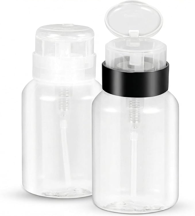 Nail Polish Remover Pump Dispenser, 2 Pack Acetone Safe ABS Bottle with Lockable Flip Cap - 200ml (6.8oz) Empty Push Down Container for Alcohol, Toner & Makeup Remover