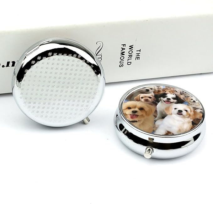 Cute Pet Dogs Pill Box Cute Round Pill Case Portable Medicine Tablet Vitamin Holder Organizer for Purse Pocket