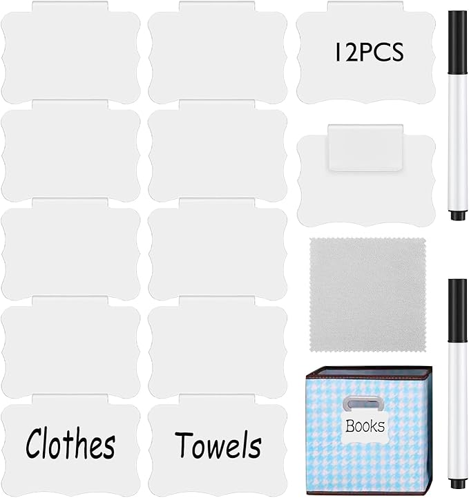 Reusable Erasable Basket Label Clips - 12 White PVC Basket Clip Tags with 2 Black Chalk Pens | Commercial-Grade Reusable Bin Labels for Warehouse/Home Organization