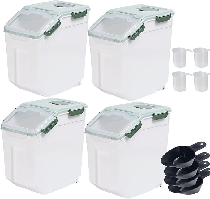 Saim 4Pack 25lbs Flour & Rice Storage Container Bin,Rice Dispenser (Green) | BPA free plastic with seal lid, rolling wheels and measuring scoop for rice, flour, cereal and grain one-hand scooping