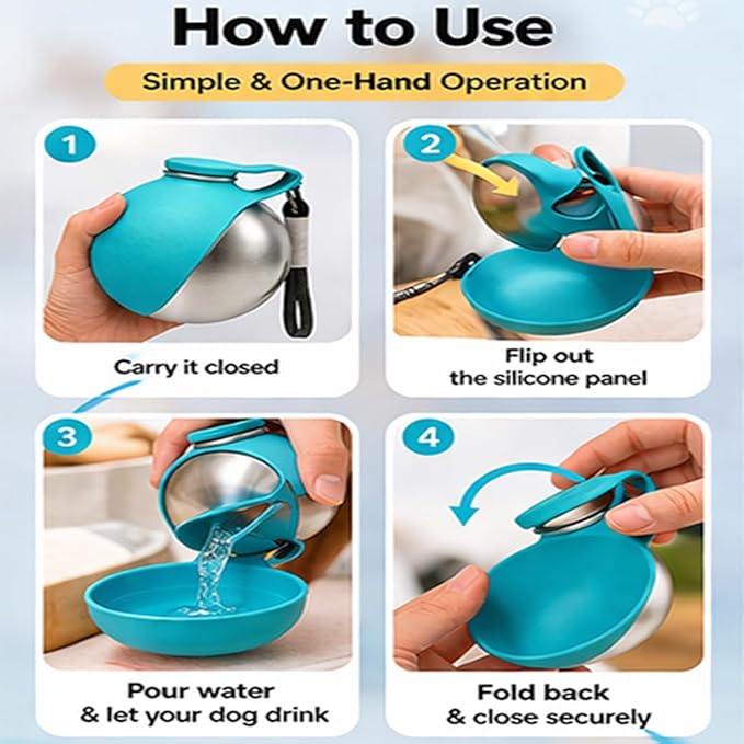 2 in 1 Portable Tumbler for Dogs, 2026 New 10Oz Stainless Steel Dog Water Bottle with Silicone Foldable Bowl, Leak-Proof 2 in 1 Portable Small Dog Water Bottle for Walking, Hiking & Travel (2PCS-Blue)