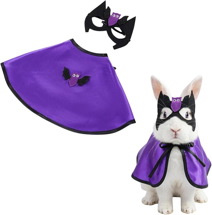 2PCS Halloween Costume Set for Pet Rabbits, Satin Wizard Cape, Adjustable Bat Mask, Holiday Costumes for Small Pets, Photo Prop Set (Large)