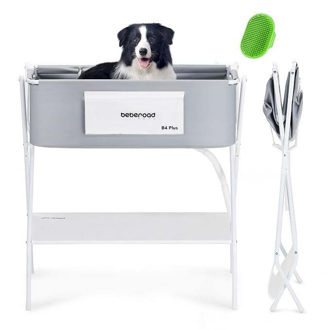 Dog Bathtub Dog Washing Station with Scrubber for Medium Dogs 135lbs or Two Small Pets, B4 Plus Foldable Dog Tub for Bathing and Grooming, Portable Collapsible Dog Shower Tub