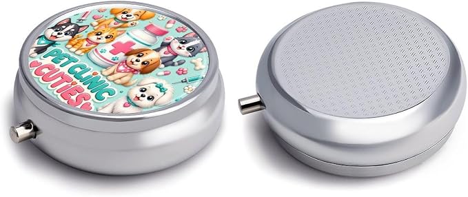 Cute Pet Clinic Playtime Party Round Pill Box with 3 Compartments, Portable Travel Pill Organizer with Spring Snap Closure for Vitamins Supplements Fish Oil