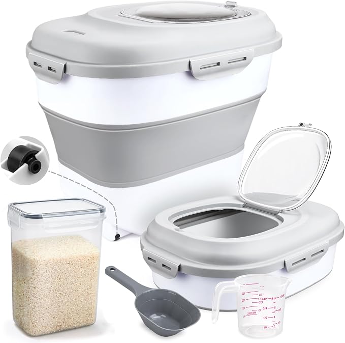 Komzon Rice Storage Bin Cereal Containers, 13-50lb Collapsible Rice Container Dispenser with Transparent Lid, Rolling Wheels, Measuring Cup and Scoop, Airtight Dog Cat Pet Food Storage Container White
