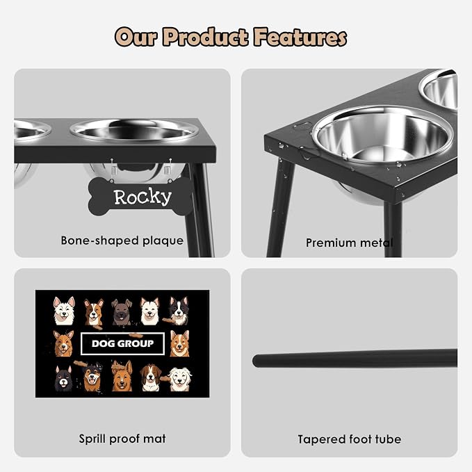 ADENGL Metal Raised Dog Bowl Stand for Large and Medium Dogs, Stronger Elevated Dog Bowls with Sprill Proof Mat, Pet Food & Water Bowls 10" Tall Dogs Feeder (58OZ-Stainless Steel Pet Bowl, Mat-16x24)
