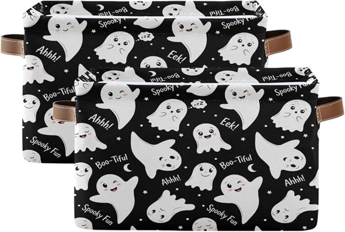 Kigai Storage Basket, Fabric Collapsible Closet Organizer Bin | Halloween Boo Waterproof Foldable Canvas Basket with Handles for Shelves, Nursery, Closet, Bedroom & Bathroom