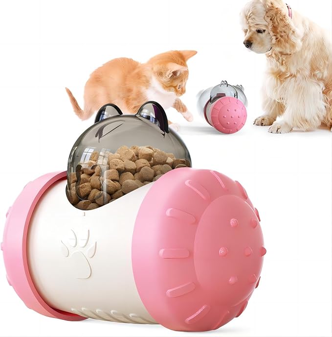 KAYNO Pet, cat and Dog Treat Dispenser Toys, pet Puzzle Food Funnel Toys, Food Grade Material, Non-Tipping, Clear Food Storage bin and Wheel Sliding Design. (Pink)