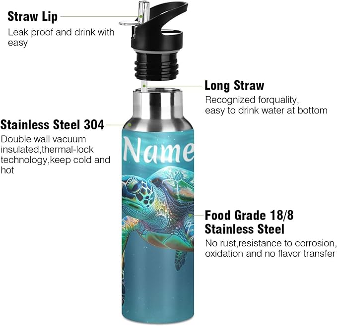 Custom Name Turtle Teal Underwater Water Bottle with Straw Lid Kids Insulated Stainless Steel Water Flask Sports, 20 Oz Hot Cold
