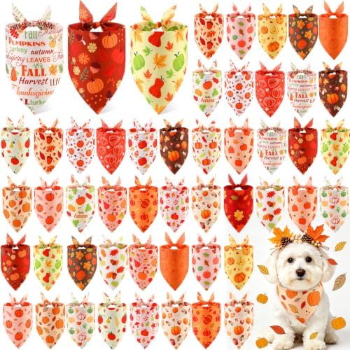 Abbylike 50 Pcs Fall Dog Bandanas Bulk Autumn Pumpkin Bandanas for Dogs Triangle Kerchief Bibs Scarf for Pets Thanksgiving Party Costume Photo Props Accessories, 25 Styles (19.7 x 13.8 x 13.8)