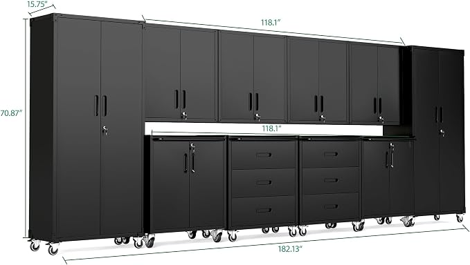 10-Piece Heavy Duty Steel Garage Cabinet System | All-in-One Modular Garage Cabinet Set for Ultimate Workshop Organization | Easy Assembly Garage Storage Cabinets & Tool Bench (Black)