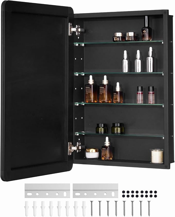 VEVOR Medicine Cabinet, 20 x 30 inch, Medicine Cabinet for Bathroom with Mirror, Aluminum Frame Bathroom Wall Cabinet, 4-Layer Adjustable Shelves, Recessed & Wall-Mounted Installation