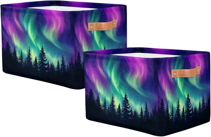 Storage Basket Northern Light Aurora Storage Cube Box Durable Canvas Collapsible Toy Basket Organizer Bin with Handles for Shelf Closet Bedroom Home Office