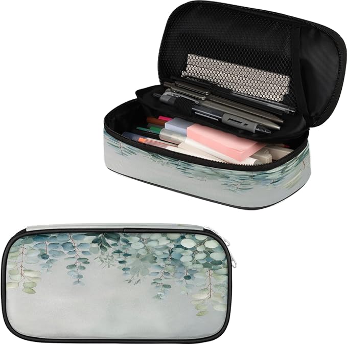 Pencil Cases Large Capacity Pen Pouch, Watercolor Eucalyptus Leaf Pencil Box Organizer School Supplies for College Student Teen Adults