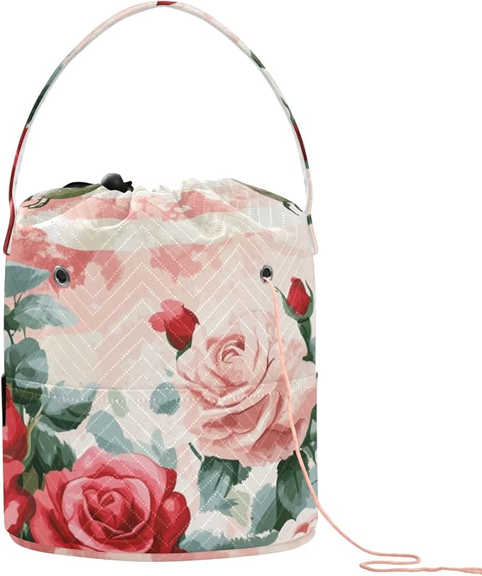 Tatenale Crochet Bag Yarn Bag Knitting Project Bag with Pockets and Handle Portable Yarn Storage Organizer Tangle Free 8.3x11 InchPatriotic Red Roses and Hummingbirds38